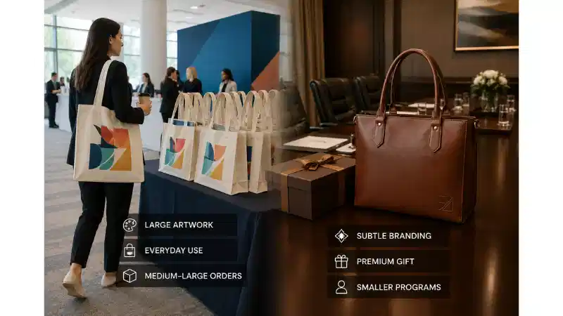 Conference canvas totes for visible campaign artwork compared with a leather tote presented as an executive gift. Conference canvas totes for visible campaign artwork compared with a leather tote presented as an executive gift.